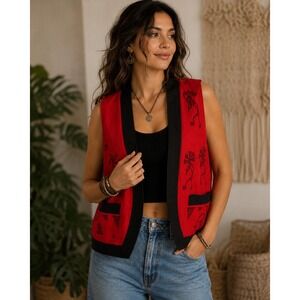 Venus Imports Red Cotton Southwest Kokopelli Petroglyph Embroidered Vest Large
